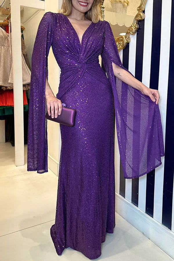 Shine Brighter Sequin Cape Sleeve Cross Waist Evening Maxi Dress Purple