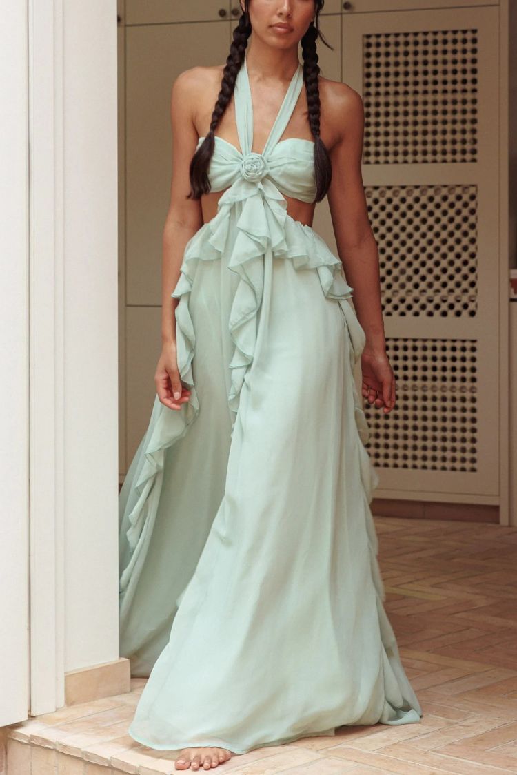 Gorgeous Vacation Halter Rose Detail Cut Out Ruffles Backless Maxi Dress