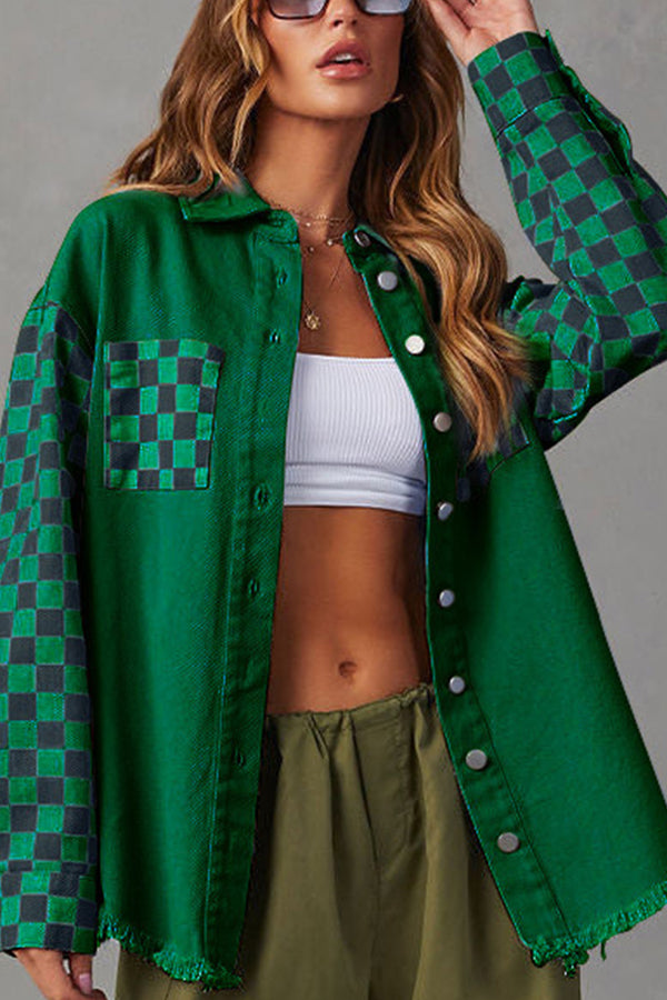 Fashionable casual loose plaid contrasting raw edge denim jacket Green