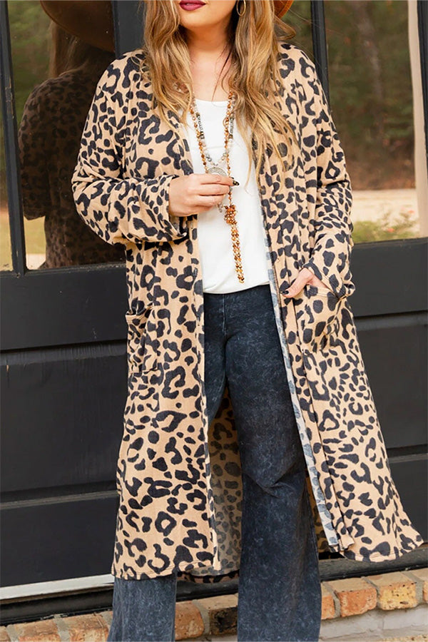Leopard Plus Size Open Front Pocketed Long Cardigan Leopard