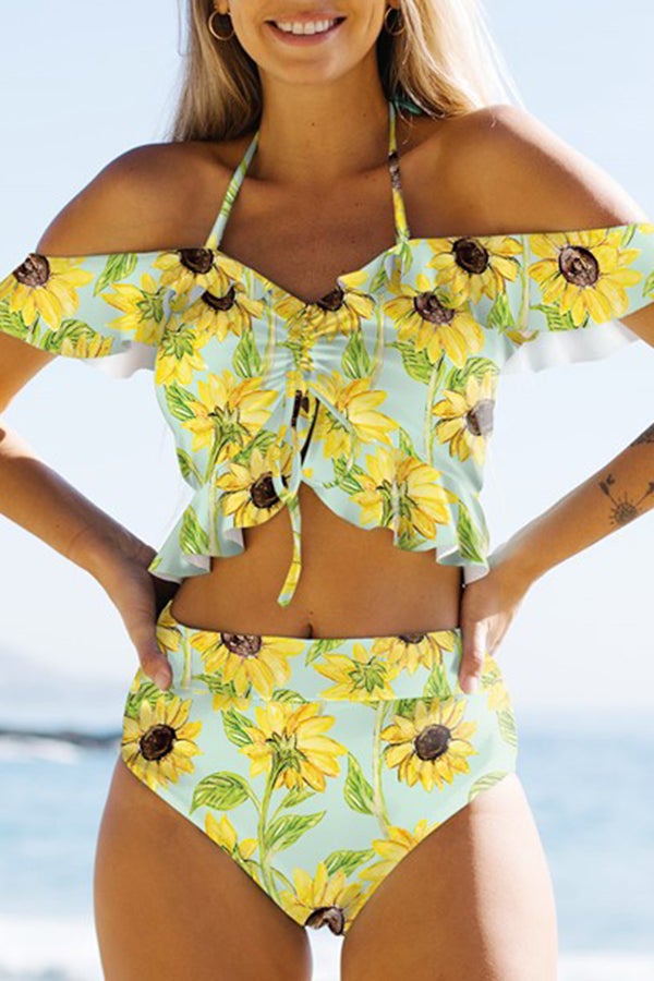 Printed Ruffled Drawstring Off-shoulder Bikini Yellow