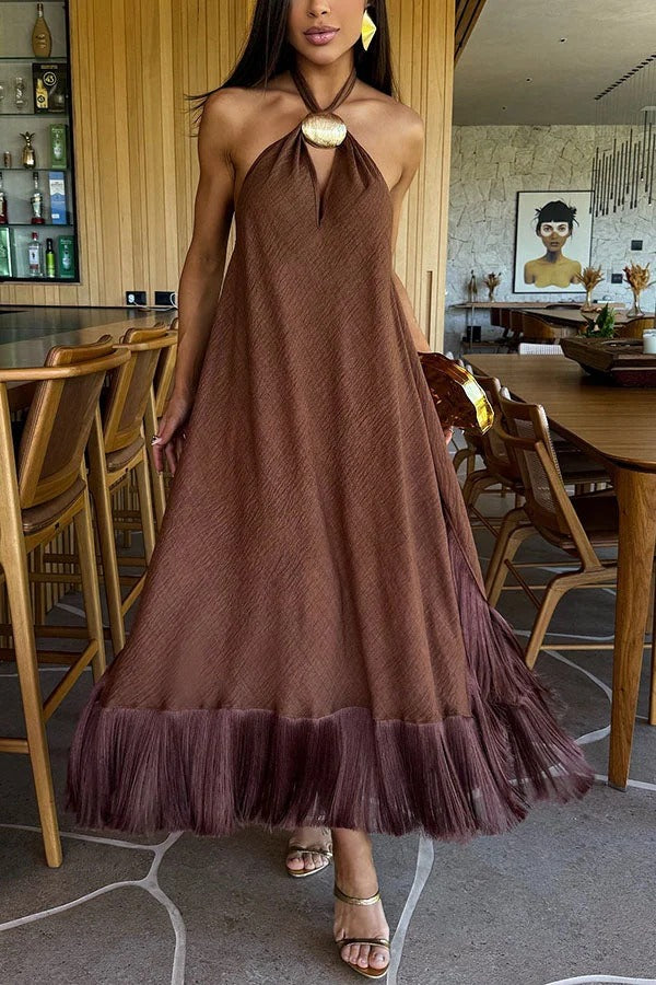 Vacation Vibe Metal Decoration Tassel Trim Halter Backless A-line Maxi Dress