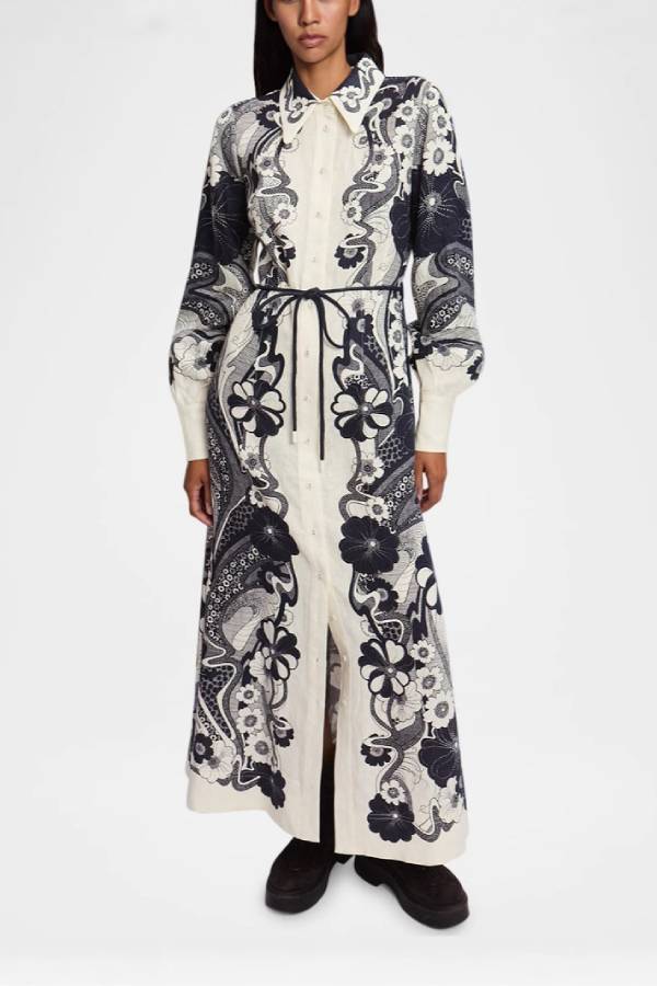 Black & White Floral Print Shirt Dress Puff Sleeve Waist Tie Maxi Dress