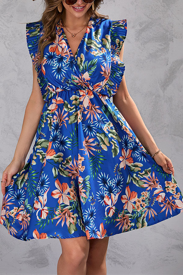 Summer flower waist ruffled sleeveless dress Blue