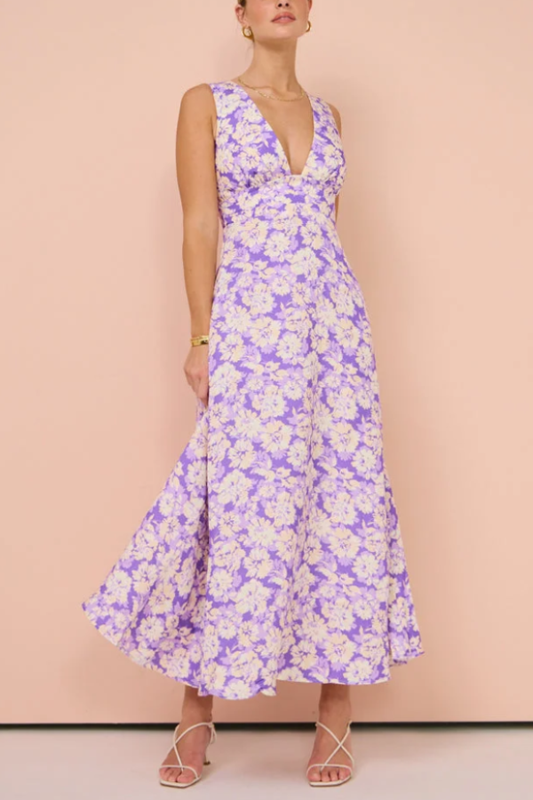 Purple Sleeveless V-neck Printed Maxi Dress Purple