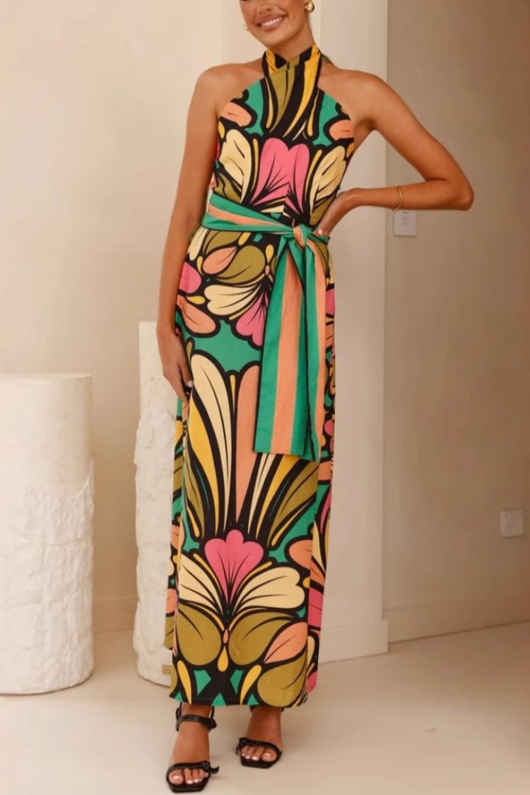 Unique Print Halter Neck Tie Backless Holiday Maxi Dress