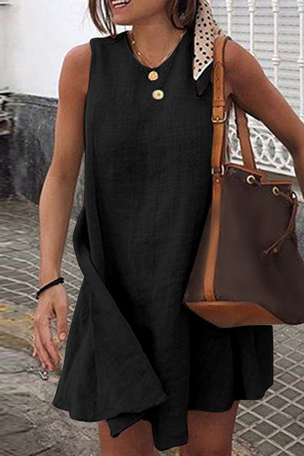 Round Neck Sleeveless Solid Cotton Linen Mini Dress Black