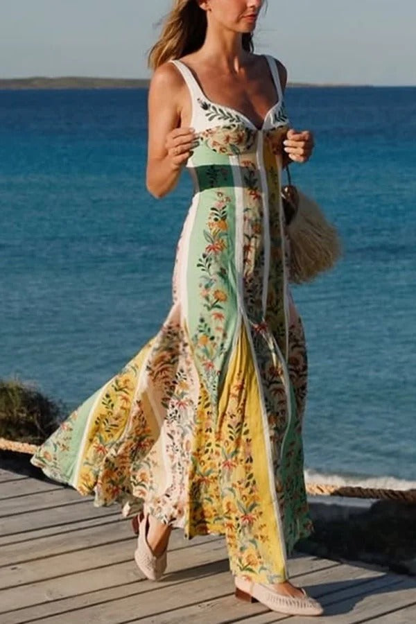 Sweet Garden Linen Blend Color Block Floral Paneled Maxi Dress