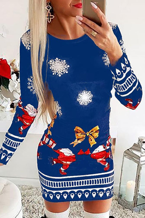 Christmas Mixed Print Long Sleeve Dress Blue