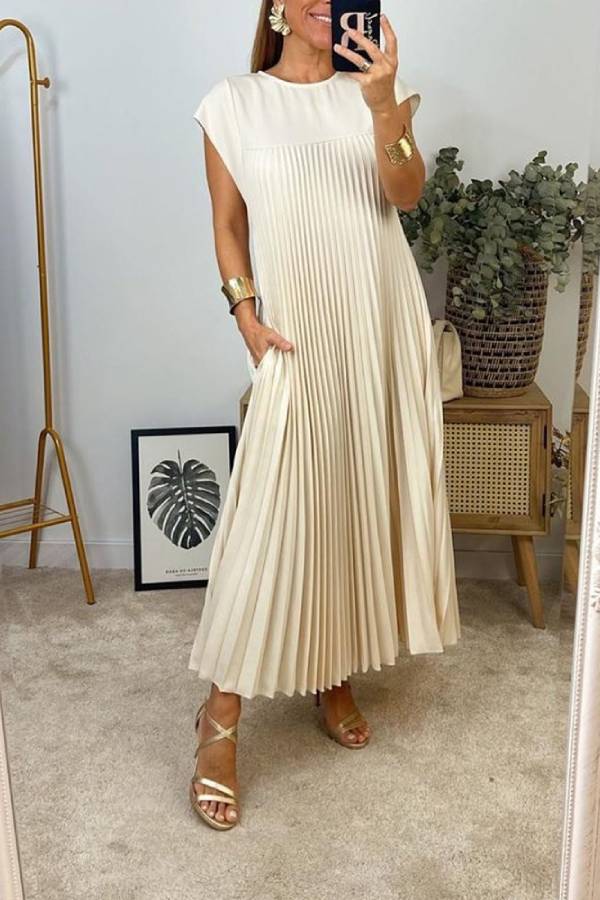 Women Pleated Simple Solid Color Dress White