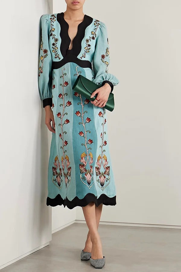 Flowing Beauty Linen Blend Floral Print Balloon Sleeve Open Back Midi Dress