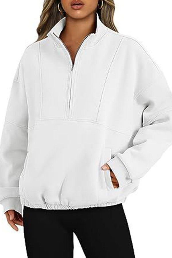 Zip Pocket Pullover Stand Collar Long Sleeve Top White