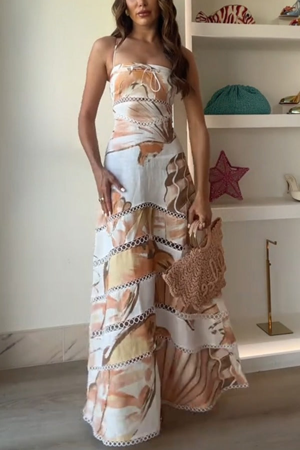 Daje Linen Blend Unique Print Round Hollow Trim Tie-up Bust Slip Maxi Dress Beige