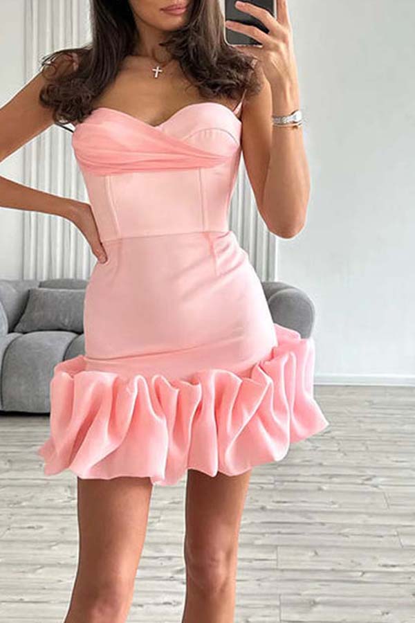 V NECK CAMI RUFFLE HEM MINI DRESS Pink