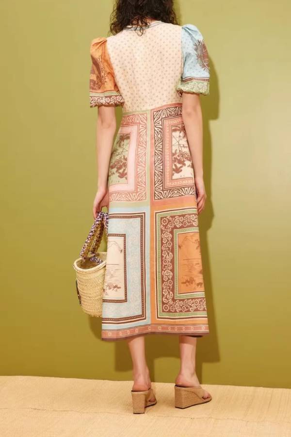 Patchwork Tropical Print Puff Sleeve Maxi Dress