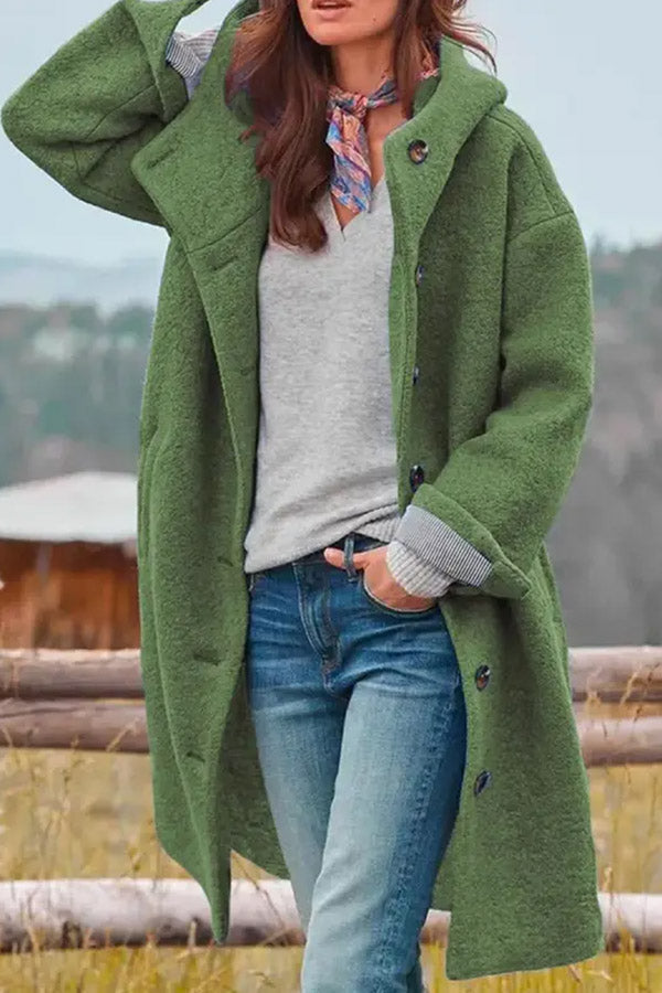 Casual Loose Solid Color Hooded Single-breasted Woolen Coat Green