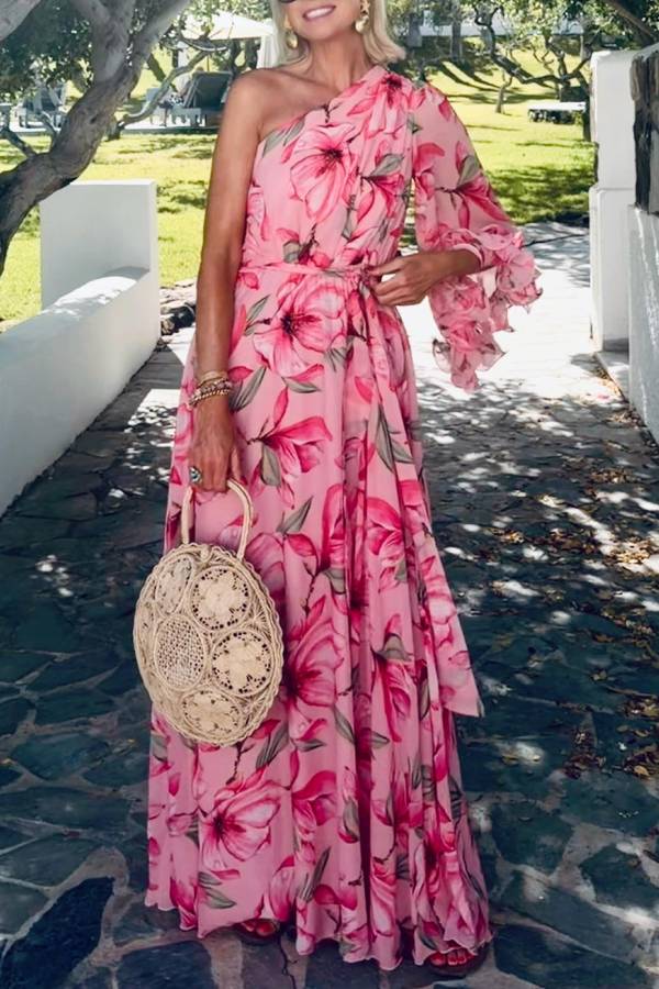 One Shoulder Floral Chiffon Vacation Maxi Dress