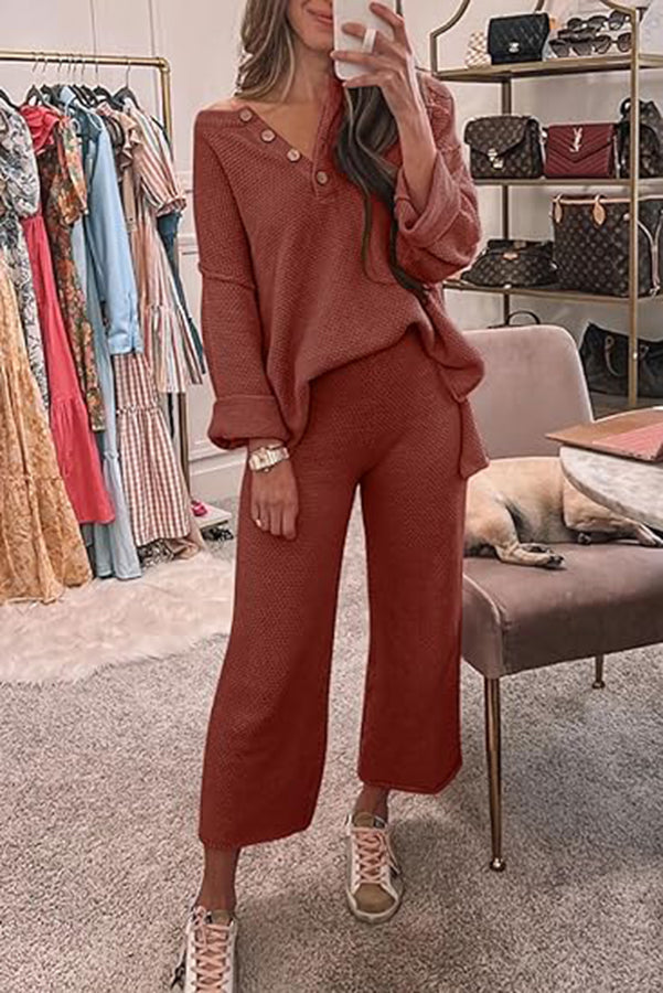 Heather Hailey Solid Color Casual Button V Neck Top and Pant Two Piece Set Orange