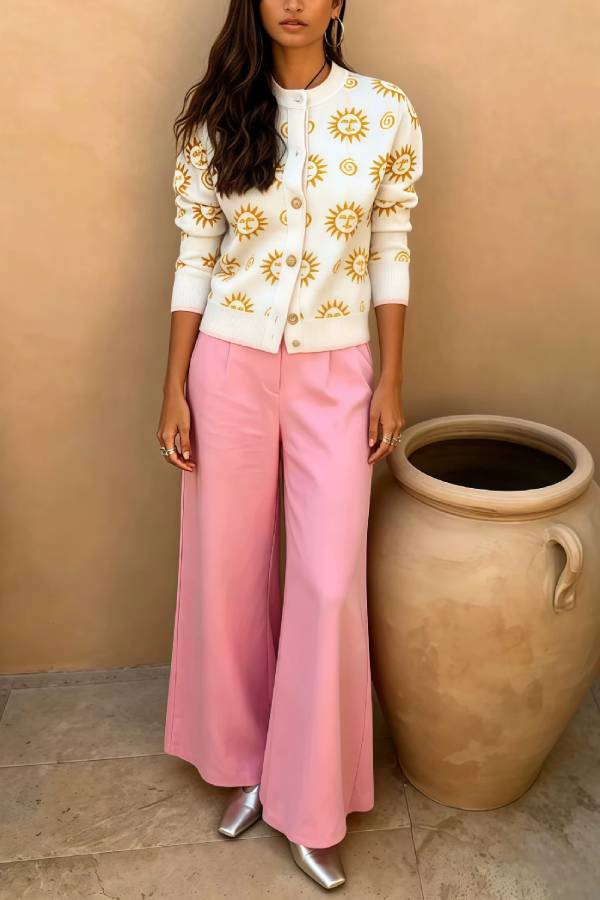 Vintage Sun Jacquard Knit Cardigan & High Waist Wide‑Leg Pants Two‑Piece Set