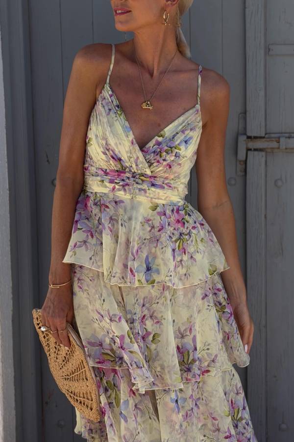 V-Neck Spaghetti Strap Floral Tiered Cake Vacation Maxi Dress