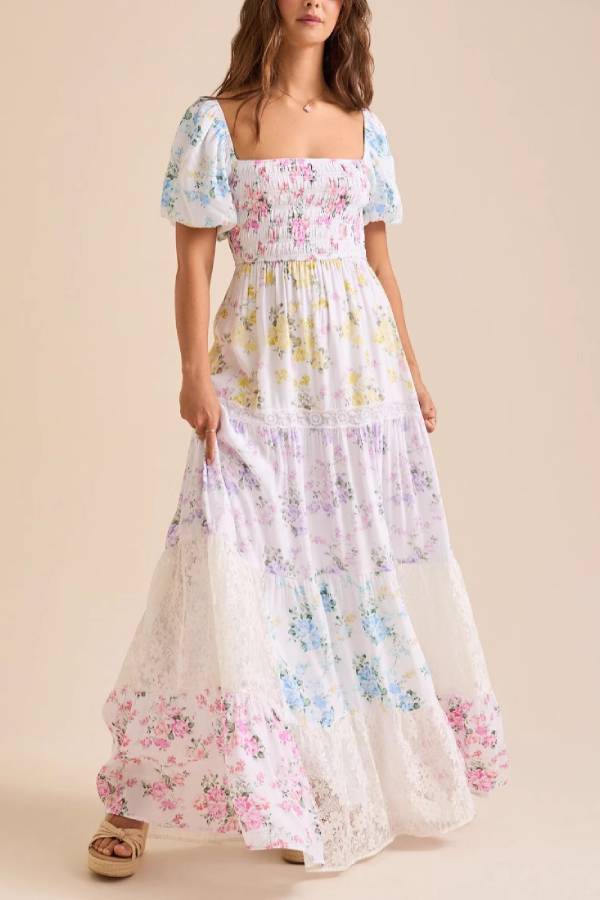 Colorful Floral Square Neck Puff Sleeve Lace Insert Tiered Maxi Dress