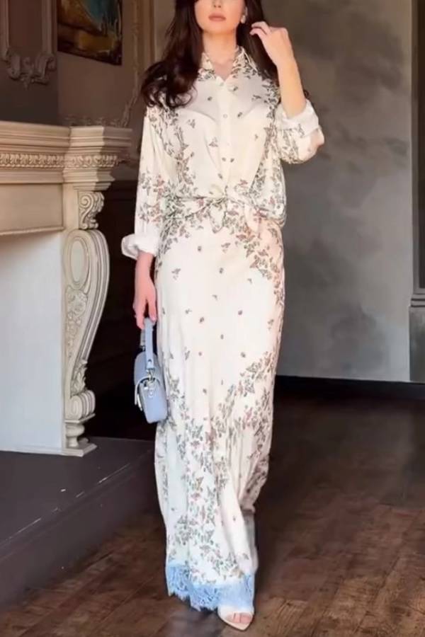 Beige Floral Print Shirt & Lace Hem Maxi Skirt 2 Piece Outfit
