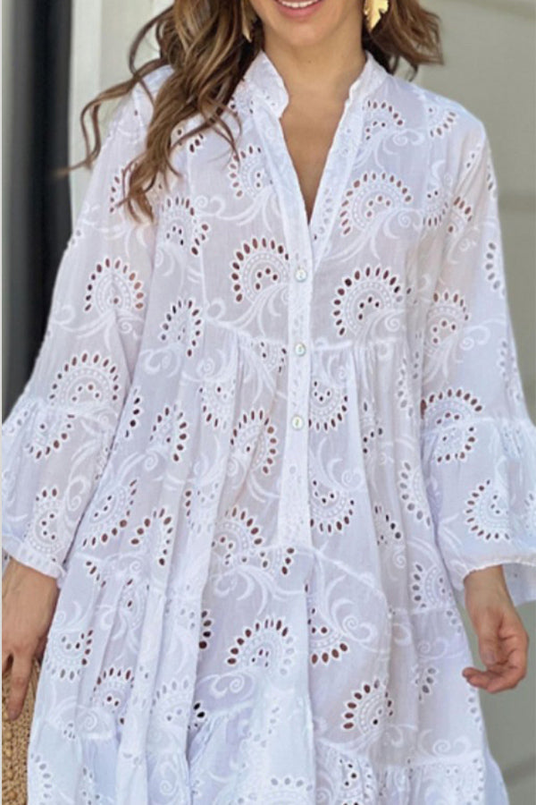 V Neck Embroidered Hollow Lace Flower Mini Dress White