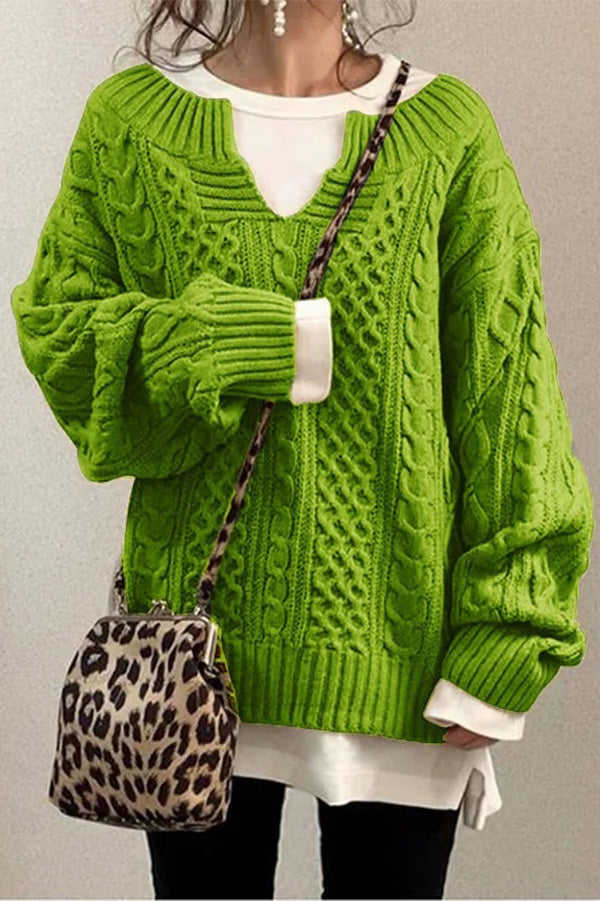 Knitted Pattern Casual Knit Sweater Green