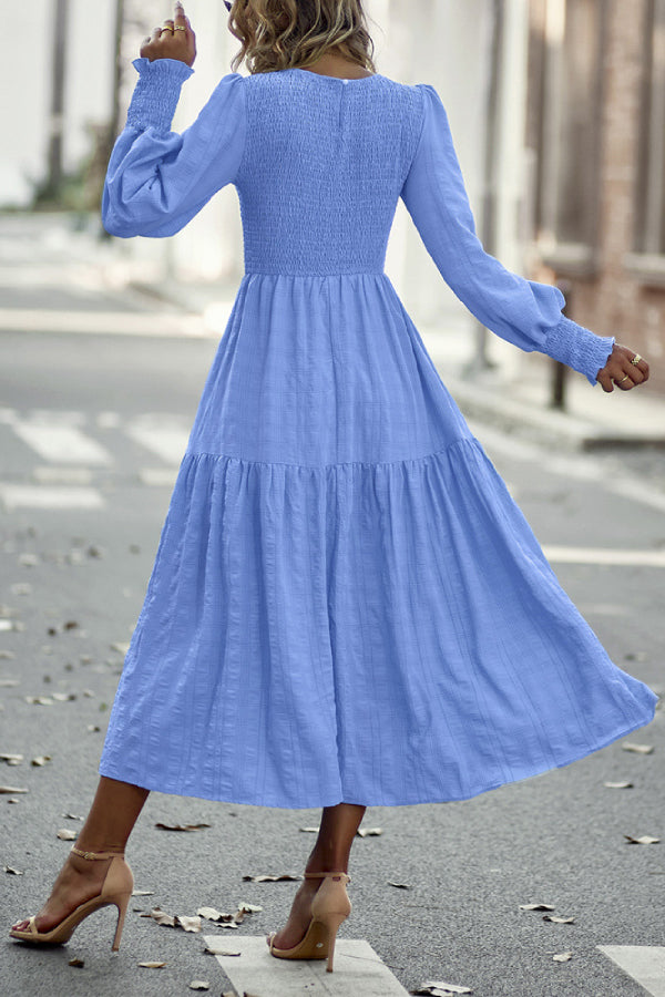 Solid Lantern Sleeve Ruffle Hem Shirred Dress
