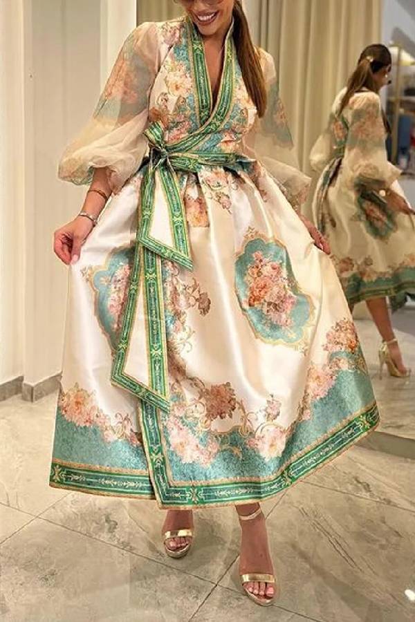 Elegant V-Neck Print Lace-Up Dress Green