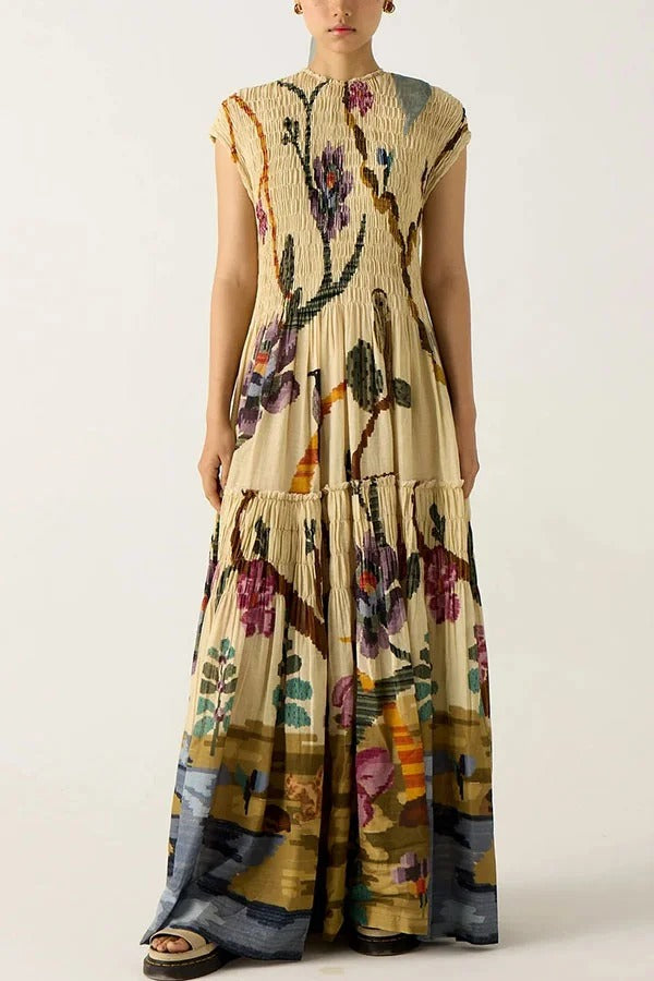 Relaxed and Playful Unique Print Smocked Short Sleeve Flare Maxi Dress