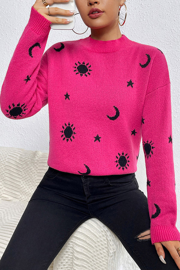Skull jacquard crew neck pullover knitted sweater rose Red