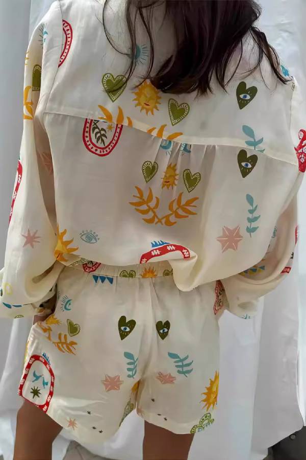 Retro Sun & Heart Print Long‑Sleeve Shirt & Shorts Two‑Piece Set