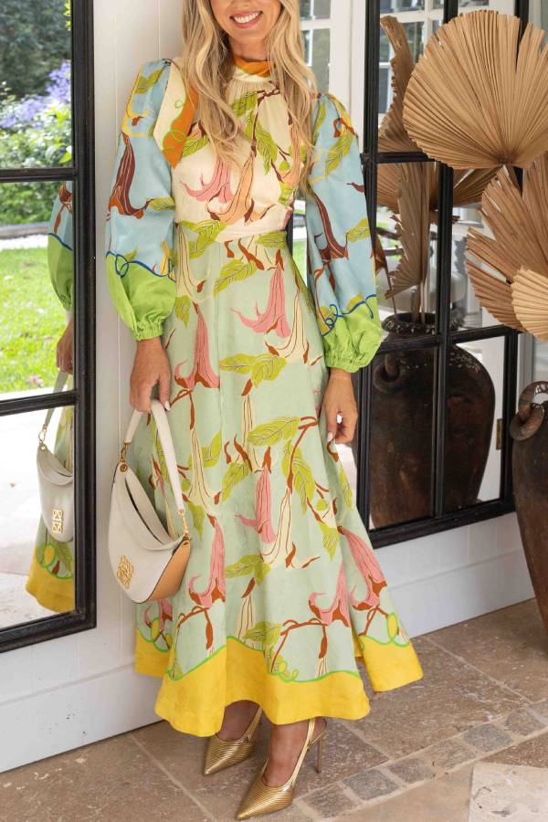 Unique Morning Glory Print Long Sleeve Midi Dress
