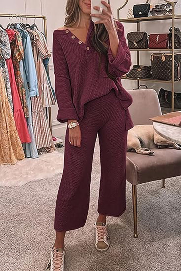 Heather Hailey Solid Color Casual Button V Neck Top and Pant Two Piece Set Wine Red