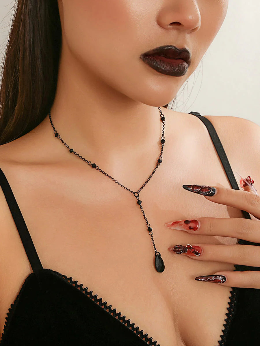 Gothic Black Teardrop Crystal Chest Chain Necklace Black one size