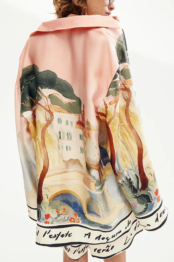 Ensemble chemise ample à manches longues et revers à imprimé unique et short décontracté à poches et taille élastique 