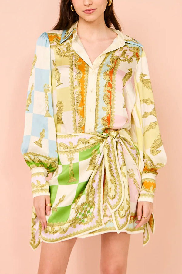 Vacay Mode Satin Unique Print Tie-up Design Wrap Mini Dress MULTICOLOR