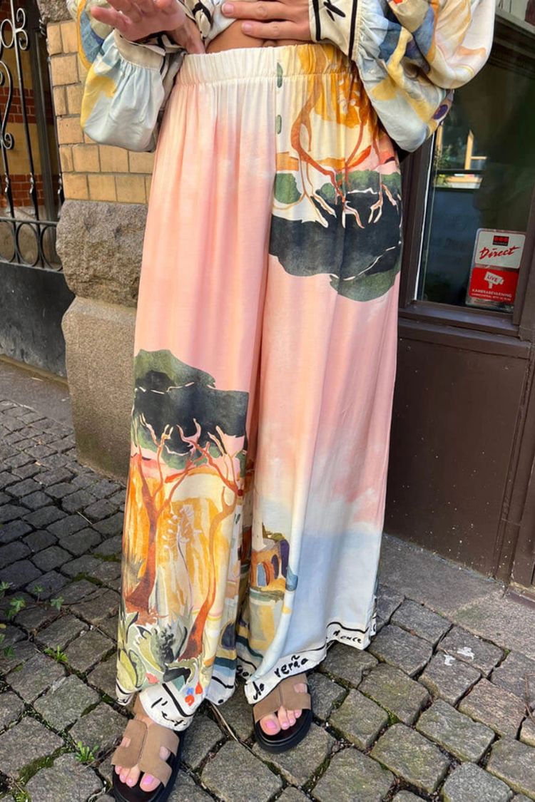 Ellison Unique Print Elastic Waist Pocketed Wide Leg Pants Pink