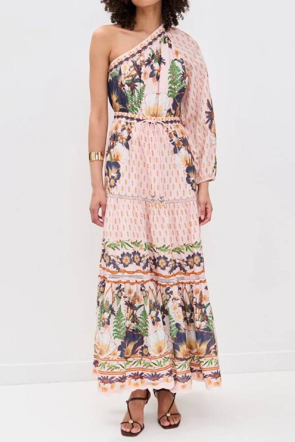 Dream Garden Unique Print One Shoulder Elastic Waist Pocket Maxi Dress