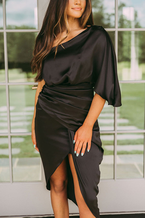 One Shoulder Satin Drape Dress Black