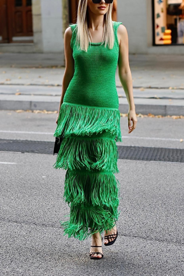 Solid Color Hem Fringe Knitted Suspender Dress Green