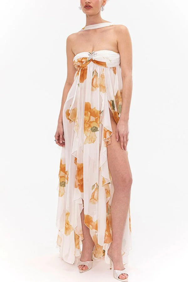 Romance and Freedom Floral Print Ruffles Halter Backless Slit Maxi Dress