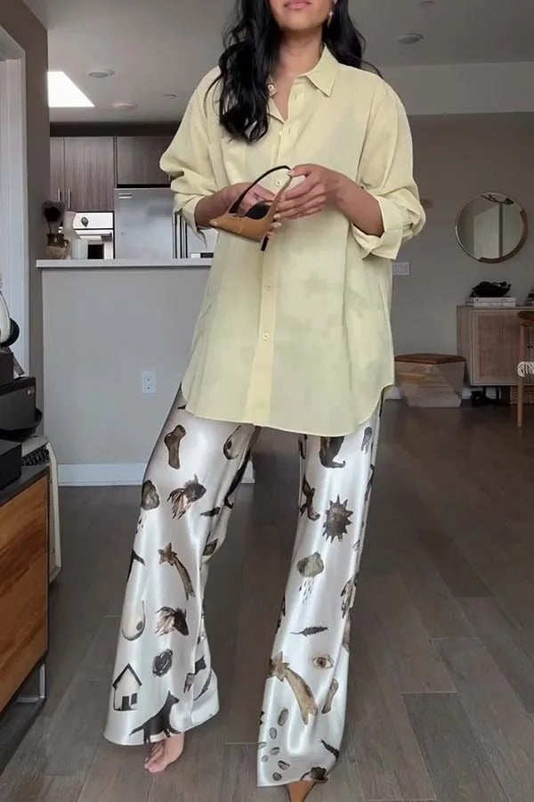 Pantalon large à taille élastique et imprimé unique en satin The Finishing Touch