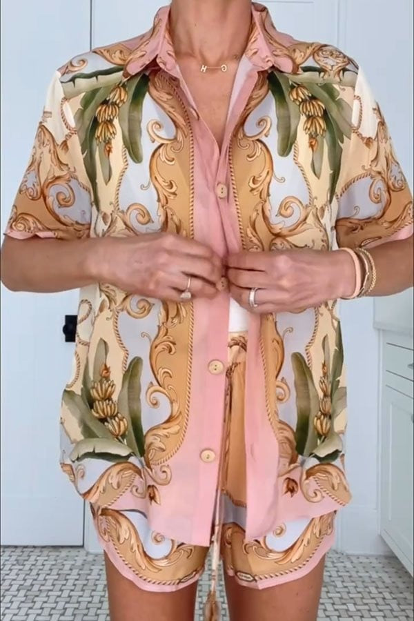 Royalty Unique Print Button Up Short Sleeve Shirt and Elastic Waist Pocketed Loose Shorts Set