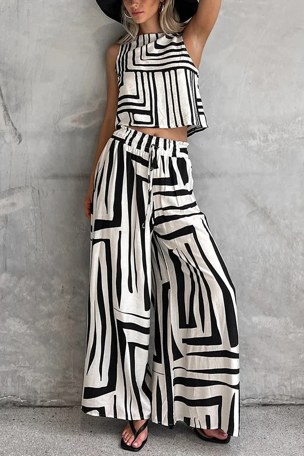 Striped Printed Sleeveless Casual Top and Elastic Waist Loose Pocket Wide-leg Pants Set