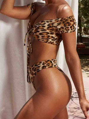 Sleeve Design Dew Shoulder Leopard Two pieces Swimsuit