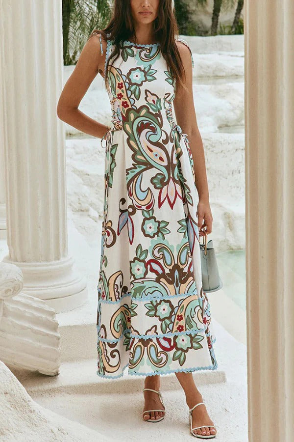Unique Botanical Print Serrated Trim Round Neck Sleeveless Tie Casual Maxi Dress