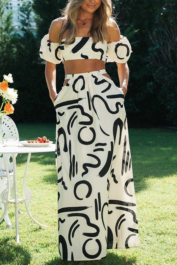 Allegra Doodle Printed Off Shoulder Crop Top and Pocketed Cutout Maxi Skirt Set White