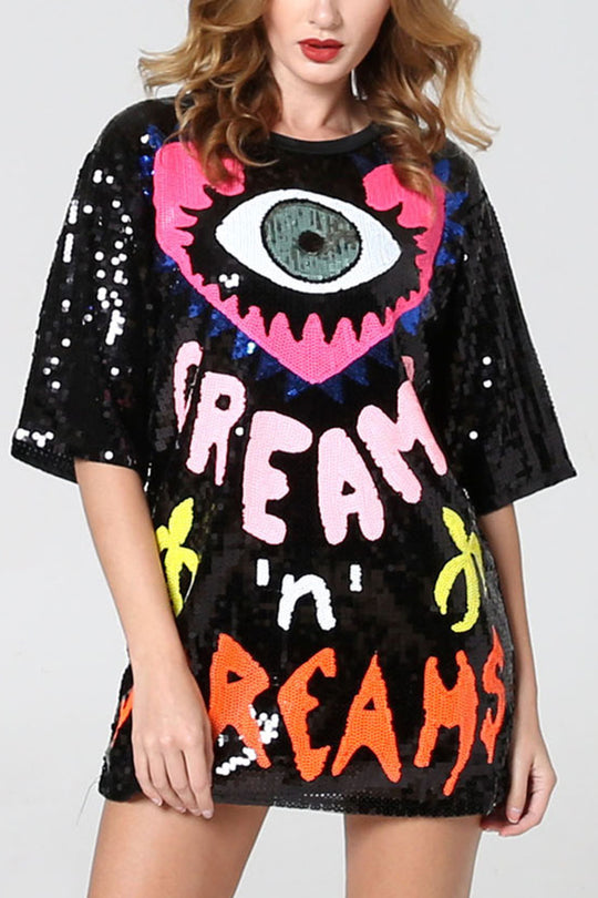 Love Eyes Letters Sequined Round Neck Short Sleeve Mid-Length Loose T-Shirt Black ONE-SIZE